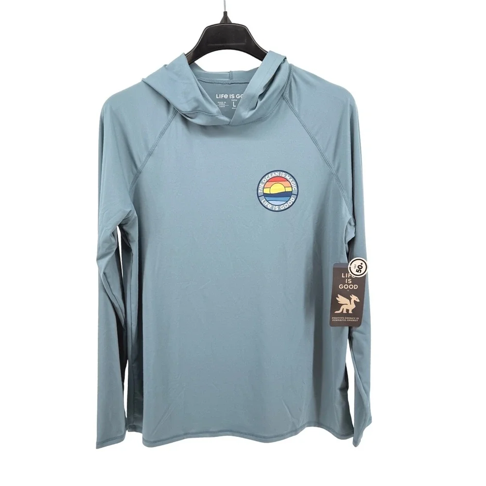 NEW Life Is Good Swim Hoodie Mens Large Rash Guard Blue 